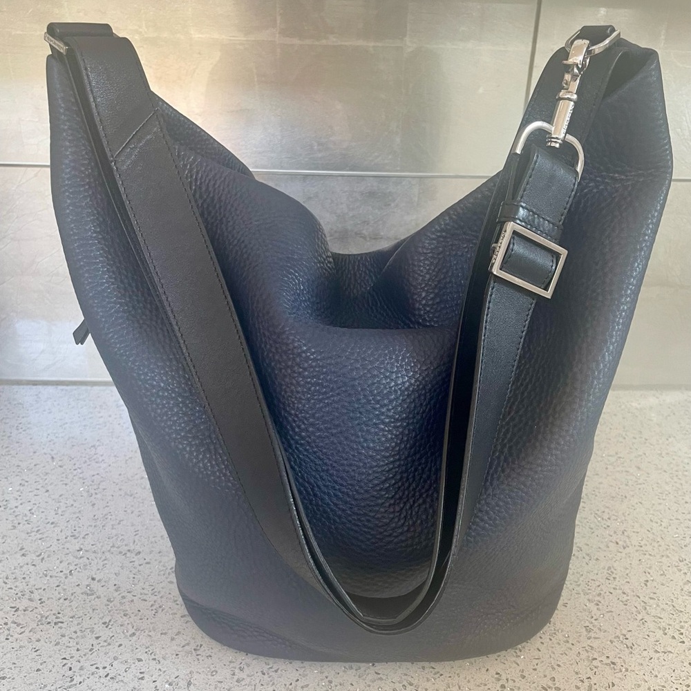 Mackage Large Pebble Leather Bucket Shoulder Bag/Navy with Black Leather Straps